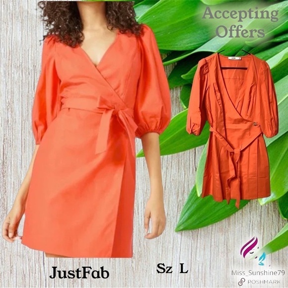 JustFab NWT - Sz L - wrap dress coral color w/ puffer sleeves - Picture 1 of 8